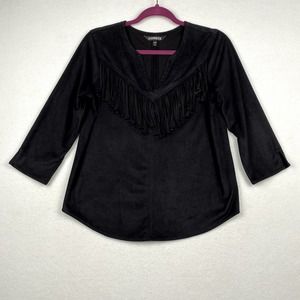 Express Sz S Women's Black Faux Suede Fringe V-Neck 3/4‎ Sleeve Western Top